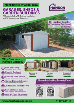 Hanson price booklet cover featuring a blue-brick garage with a white door, plus logos and banners for garages, sheds and garden buildings.
